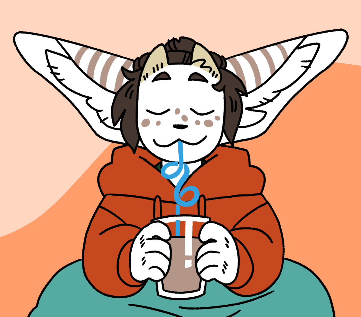 A drawing of a smiling character with a cat-like face, white fur, brown spots like freckles, big long stripey ears, and little horns. they have long brown hair tied in a bun and are wearing a red hoodie with a blanket over their lap. They are drinking a glass of chocolate milk through a curly straw.