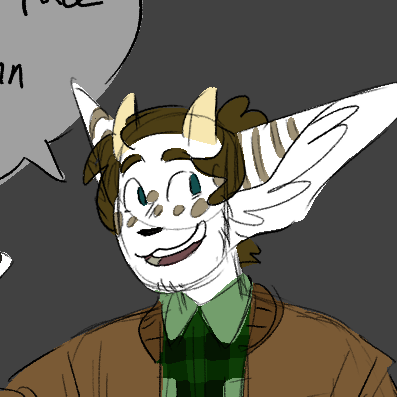 A drawing of the same cat-like character but with a litle bit of a beard. They are smiling and wearing a green flannel shirt and brown jacket.