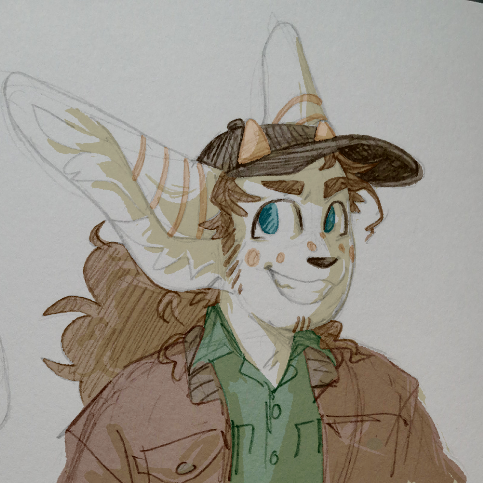 A drawing of a smiling character with a cat-like face, white fur, brown spots like freckles, big long stripey ears, and little horns. they have long brown hair and a litle bit of a beard. They are wearing a black cap, green shirt and brown jacket.
