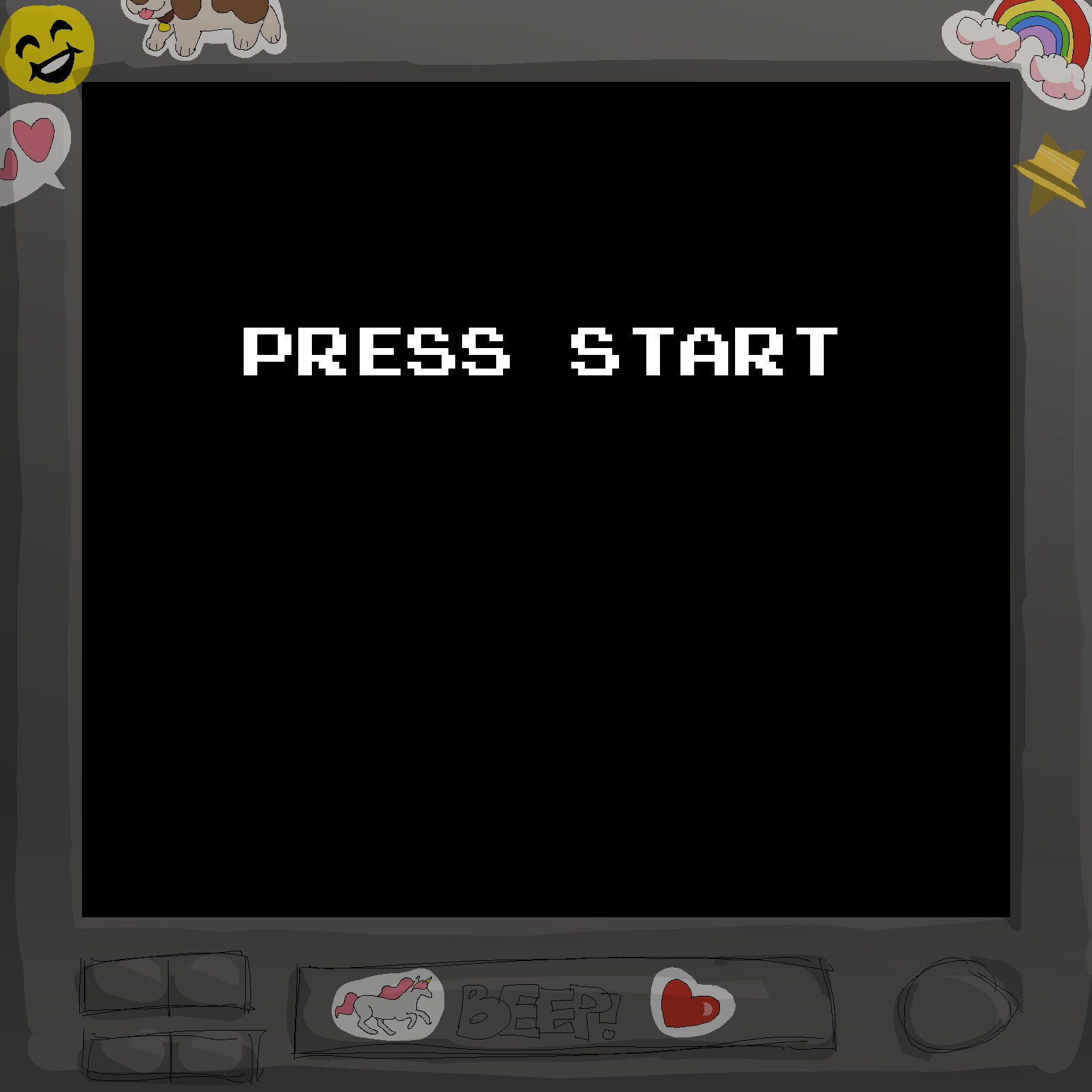 a screen with stickers around it. The screen says 'Press Start'.