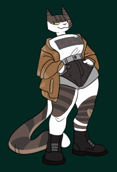 A drawing of a chill looking cat character with tabby patches wearing shorts, a t-shirt, a brown jacket and combat boots.