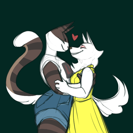 A drawing of a cat character and a dog character nose to nose with their arms around each other and a heart between them. The cat is taller is white with tabby patches. she's wearing a t-shirt and shorts. The dog is shorter with fluffy white fur. She is wearing a yellow dress.