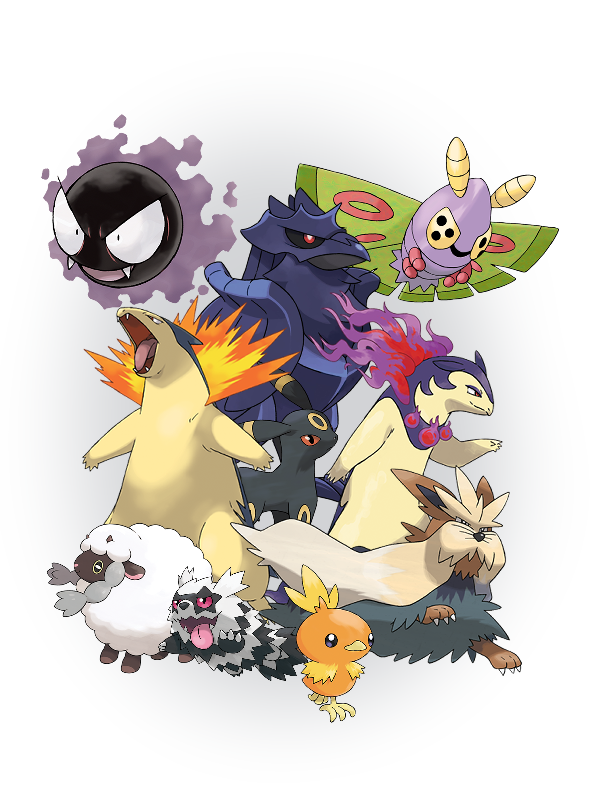 A digital collage of pokemon. It includes gastly, dustox, corviknight, typhlosion and typhlosion's hisuian form, umbreon, wooloo, stoutland, galarian zigzagoon and torchic.