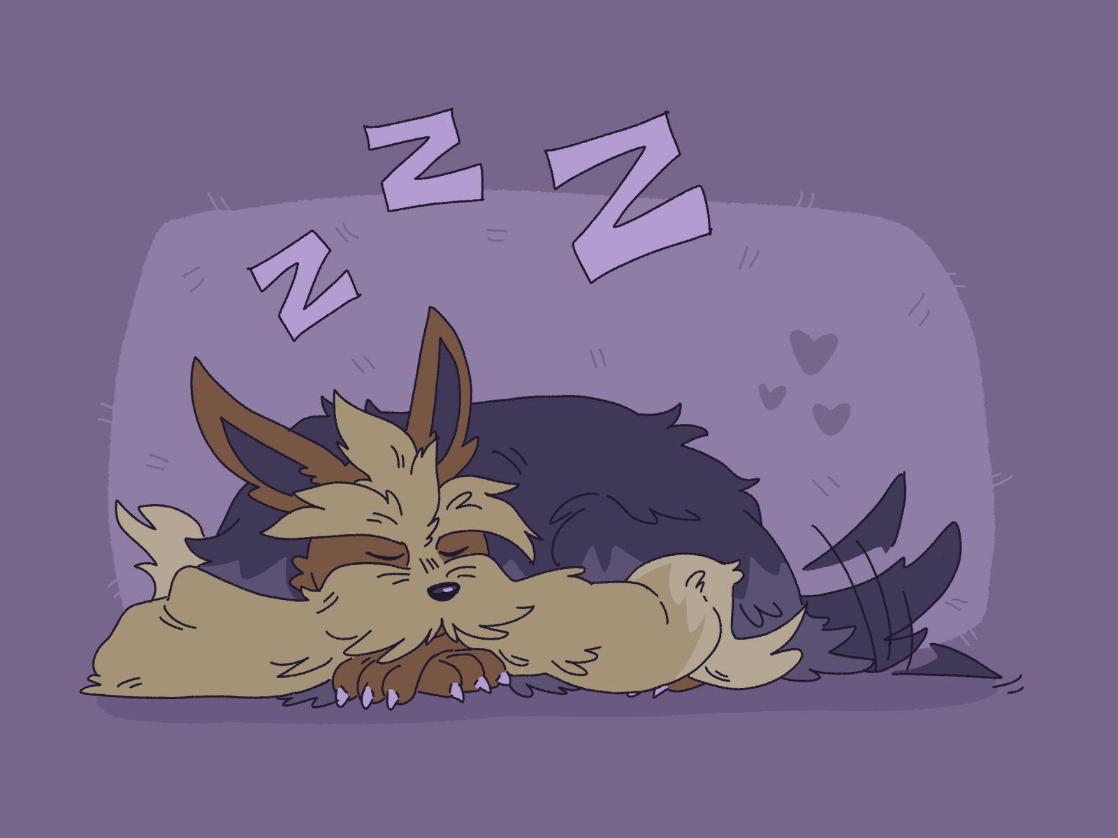 a drawing of a sleeping stoutland wagging its tail.